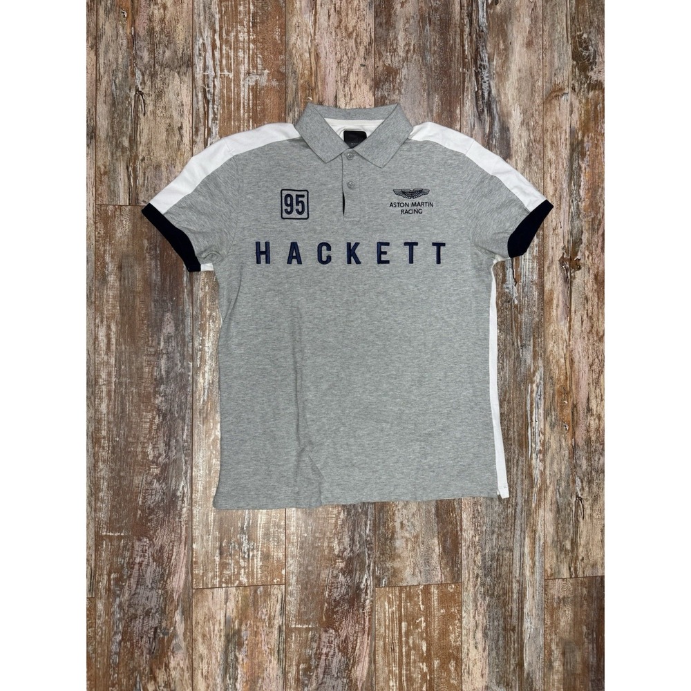Mens Hackett Aston Martin Racing Polo Shirt Size Medium Gray & White Embroidered